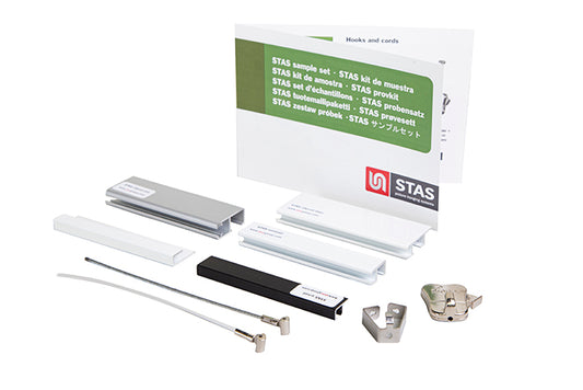 STAS sample set: Explore rails, cords, hooks samples. Includes £5 discount code, A4 guide for next order support.