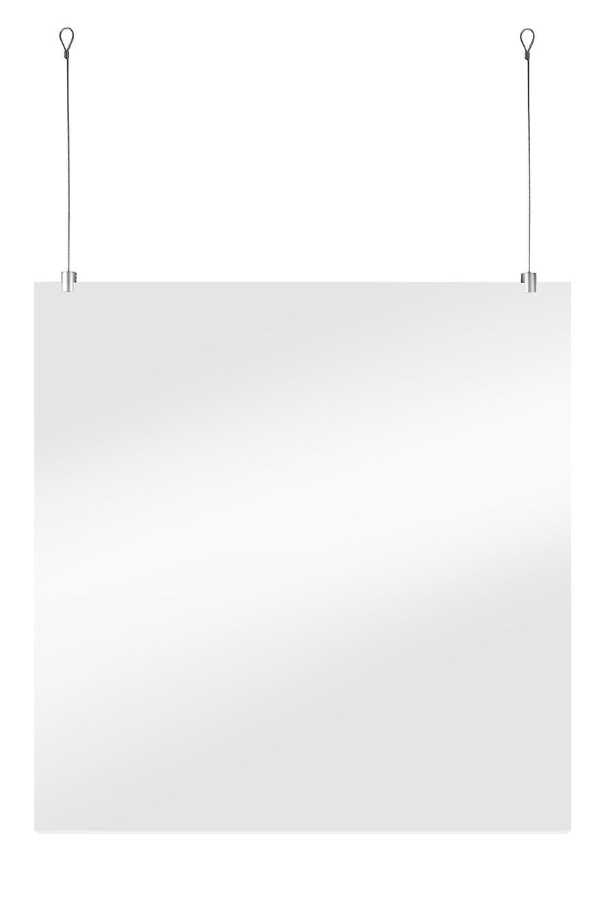 STAS suspension set for signing uses 250cm steel cords to hang plexiglass from ceilings securely.