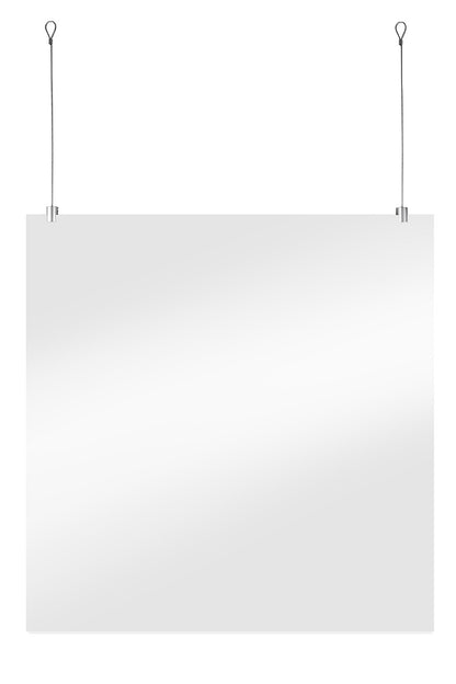 STAS suspension set for signing uses 250cm steel cords to hang plexiglass from ceilings securely.