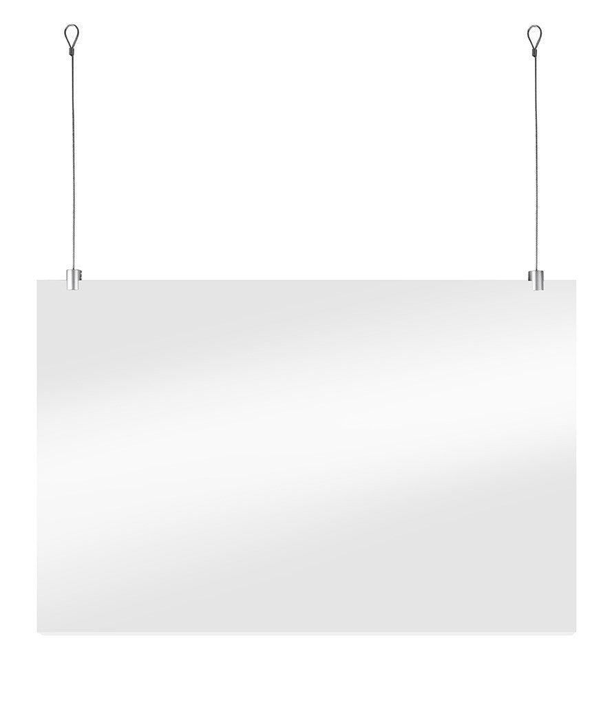 STAS suspension set for signing includes hooks, cables, clamps for plexiglass screens on ceilings. Simple setup.